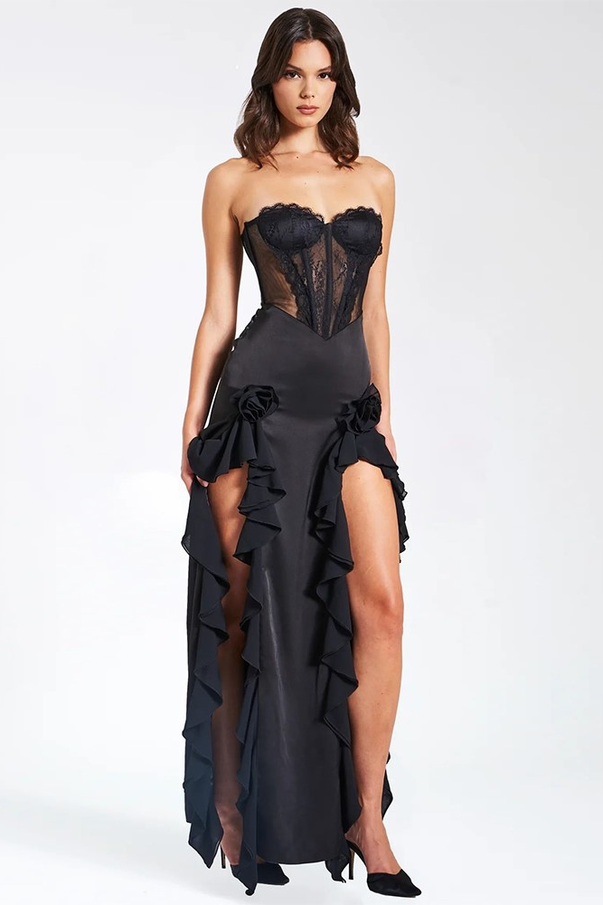 anyfreebie™-Strapless dress ruffled slimming high slit evening dress