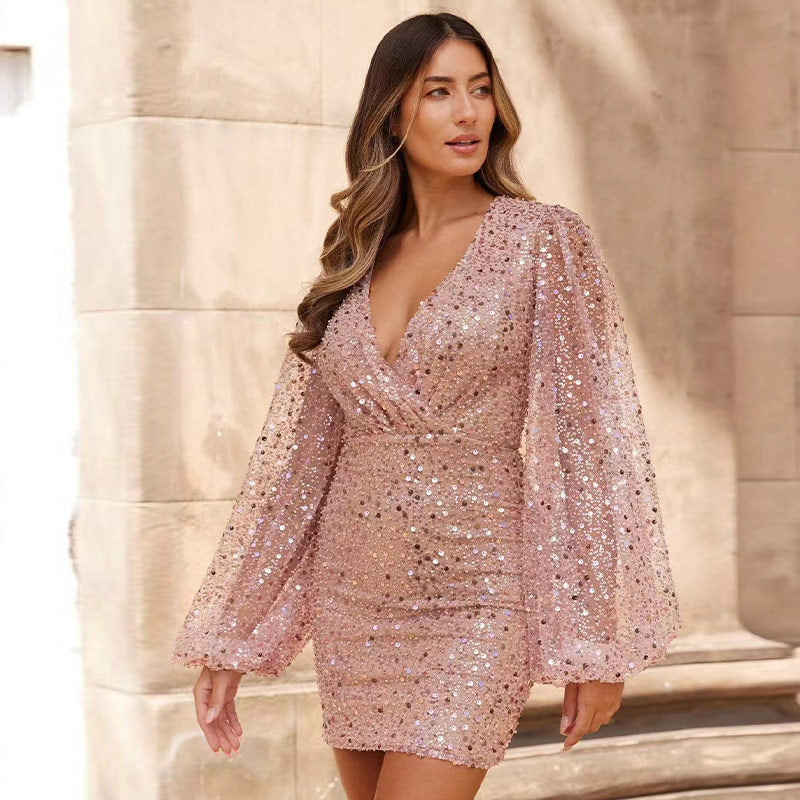 anyfreebie™-Sexy Bright Sequin Lantern Long Sleeve Dress Summer Fashion Slim Nightclub Party Dresses Female V Neck Bodycon Mini Robe