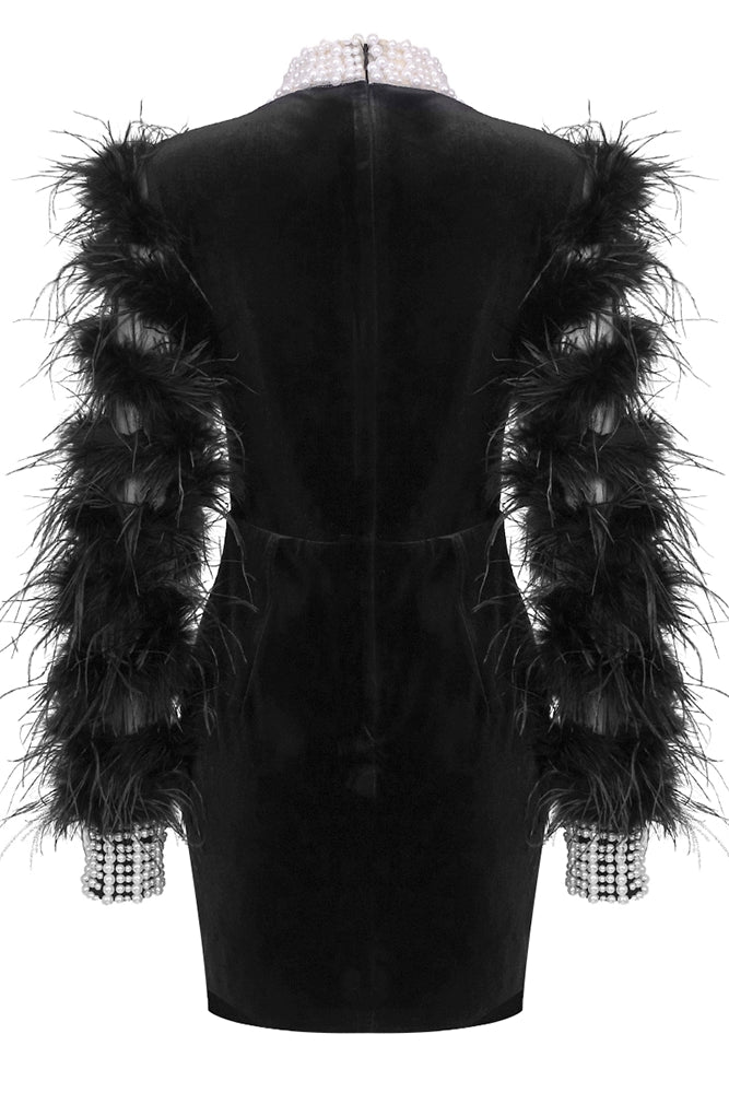 anyfreebie™-Black velvet ostrich feather pearl dress-vx