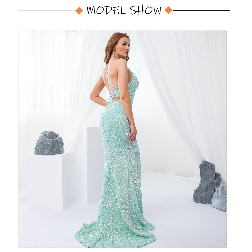 anyfreebie™-Luxury Mint Sequin Slip Lace Up Long Cocktail Party Dress Backless Hollow Out Velvet V Neck Maxi Gown Celebrity Women Summer