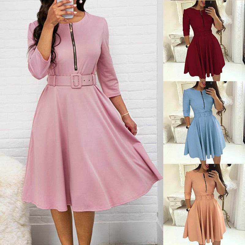 anyfreebie™- Elegant Women Solid Half Sleeve Party Dress Autumn Casual Zipper Knee-length Midi Dresses Ladies Big Swing Club Dress Vestidos