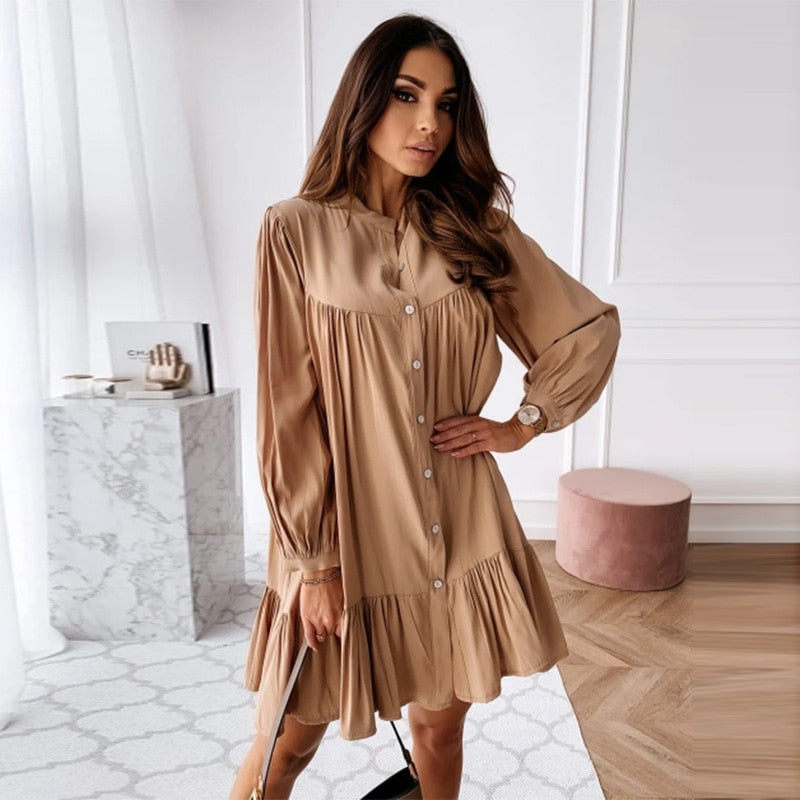 anyfreebie™-Women Vintage Ruffled Front Button A-line Dress Long Sleeve Stand Collar Solid Elegant Casual Mini Dress Autumn New Dress