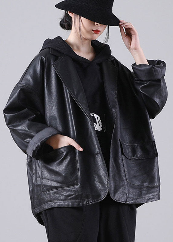 anyfreebie™-Unique Black  Notched Pockets Button Fall Long PU Sleeve Coat