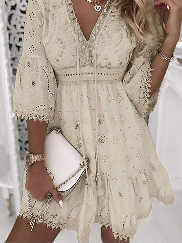 anyfreebie™- - Elegant Lace Mini Dress Women Three Quarter Sleeve Dress Female V Neck Patchwork Lace Up Dress Ladies Vacation Beach Dress