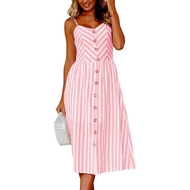 anyfreebie™- Boho Sexy Floral Dress Summer Vintage Casual Sundress Female Beach Dress Midi Button Backless Polka Dot Striped Women Dress