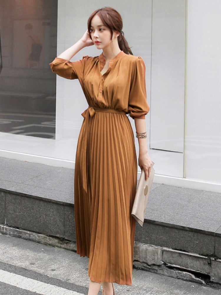 anyfreebie™- Elegant Chiffon Long Sleeve Shirt Dress Women Belt Lace Up A-line Pleated Maxi Dress Korean Fashion Fall Clothes Streetwear