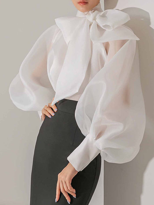 anyfreebie™-White Elegant Solid Color Bow Mock Neck Lantern Sleeve Blouse