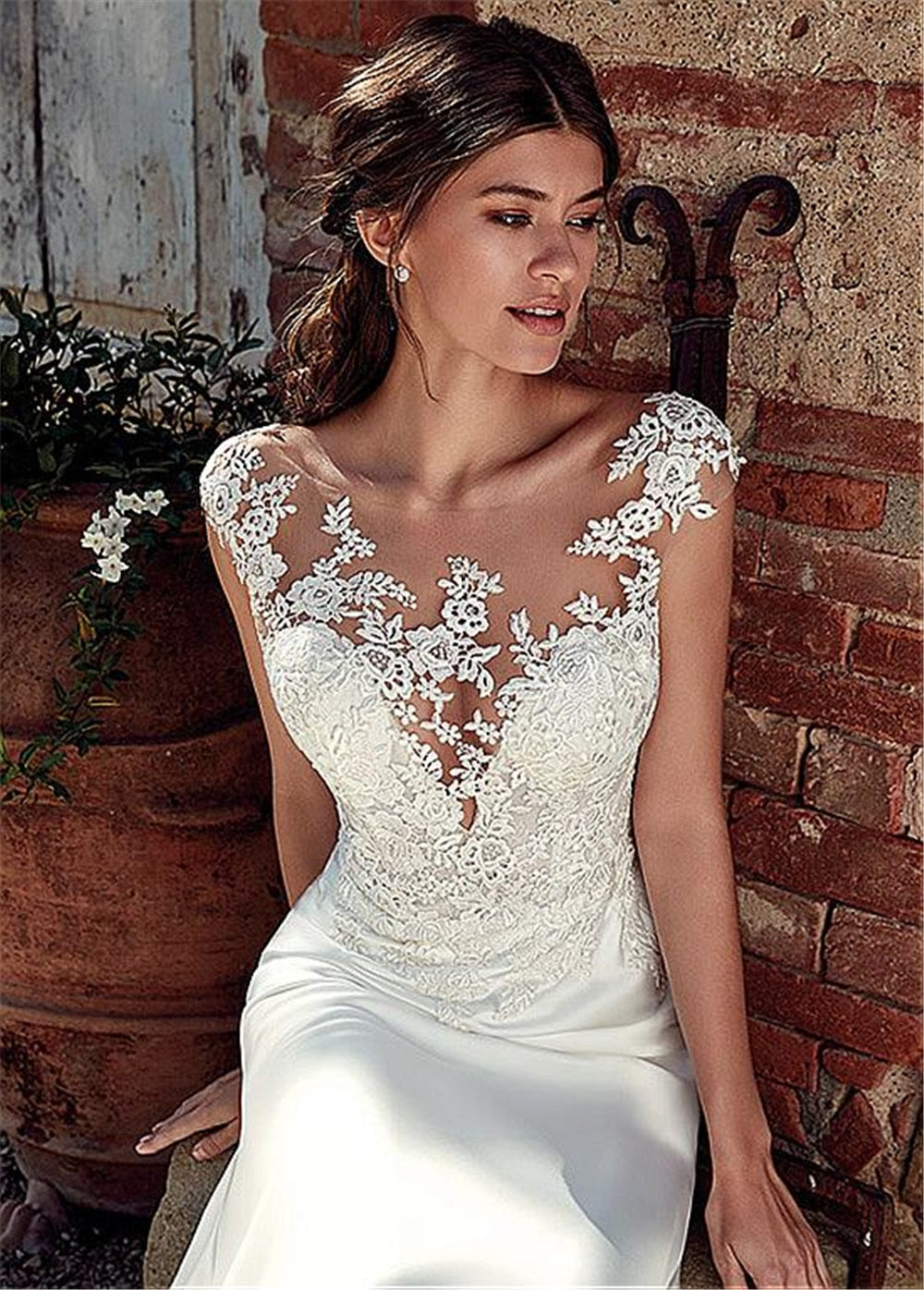 anyfreebie™- The Sales Rack-Modest Soft Satin Bateau Neckline Mermaid Bridal Dress With Lace Appliques And Sheer Illusion Back