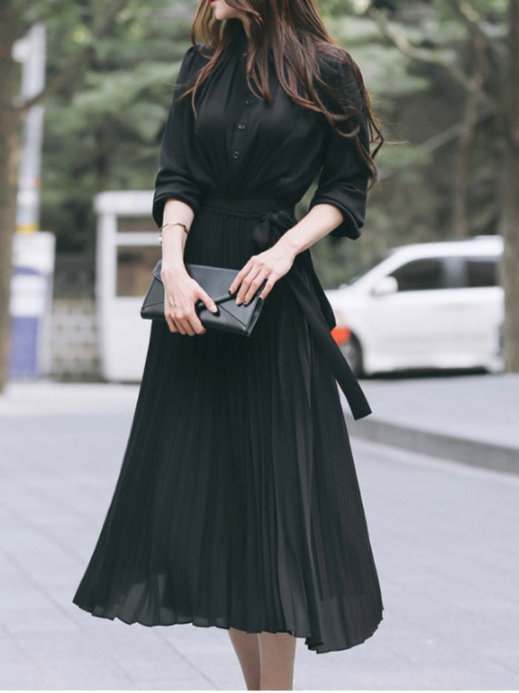 anyfreebie™- Elegant Chiffon Long Sleeve Shirt Dress Women Belt Lace Up A-line Pleated Maxi Dress Korean Fashion Fall Clothes Streetwear