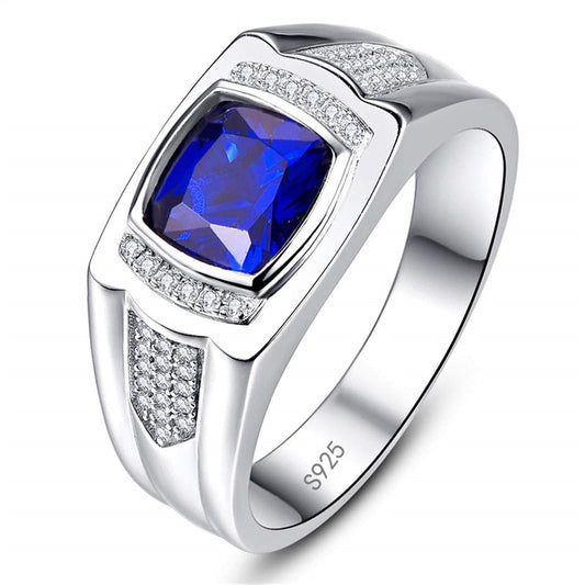 Men's Siver Ring 925 Sterling Silver Ring Created Blue Sapphire Pave CZ W/AAA Princess Cut Wedding Band For Men
