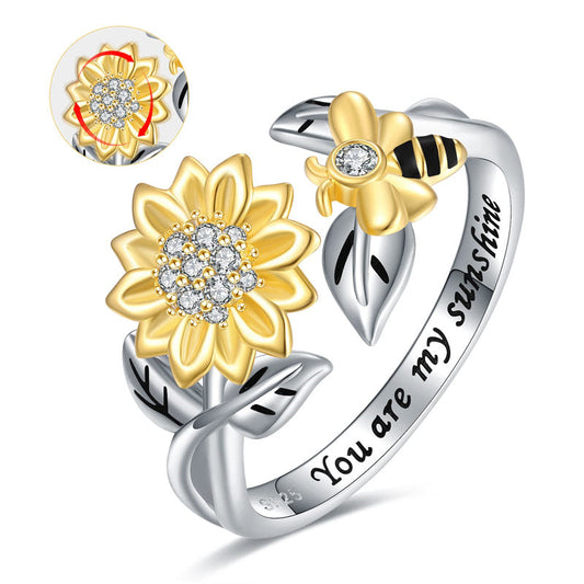 925 Sterling Silver Adjustable Fidget Anxiety Bumble Bee with Sunflower Jewelry Ring , Dainty You Are My Sunshine Flower Honeybee Spinning Rings for Girls