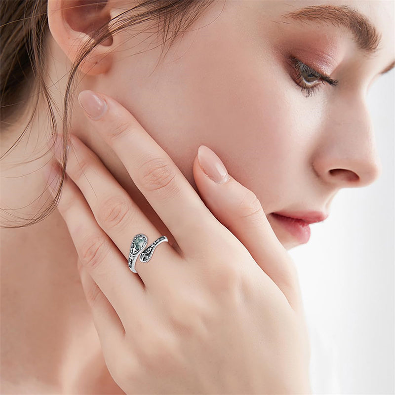 Moss Agate Spoon Ring for Women Wife Mother Sterling Silver Moss Agate Ring Oxidized Open Wrap Ring