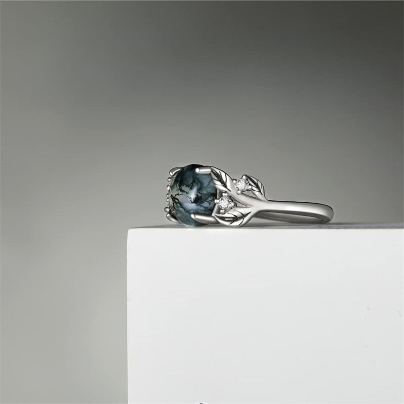 Leaf Moss Agate Ring For Women Girls Sterling Silver Round Cut 8 MM Solitaire Ring Healing Jewelry Gift