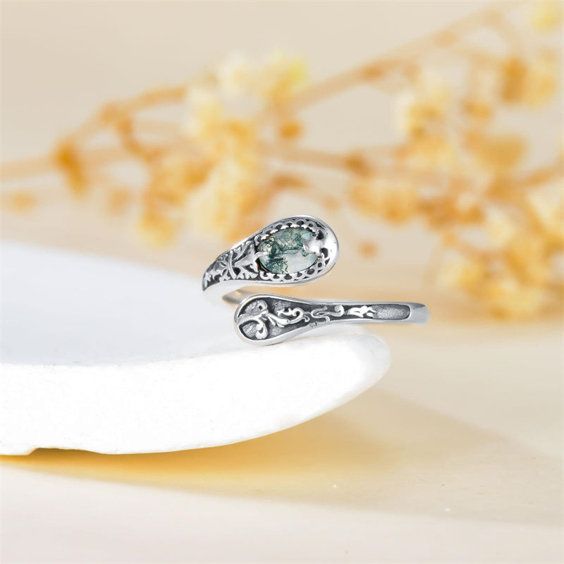 Moss Agate Spoon Ring for Women Wife Mother Sterling Silver Moss Agate Ring Oxidized Open Wrap Ring
