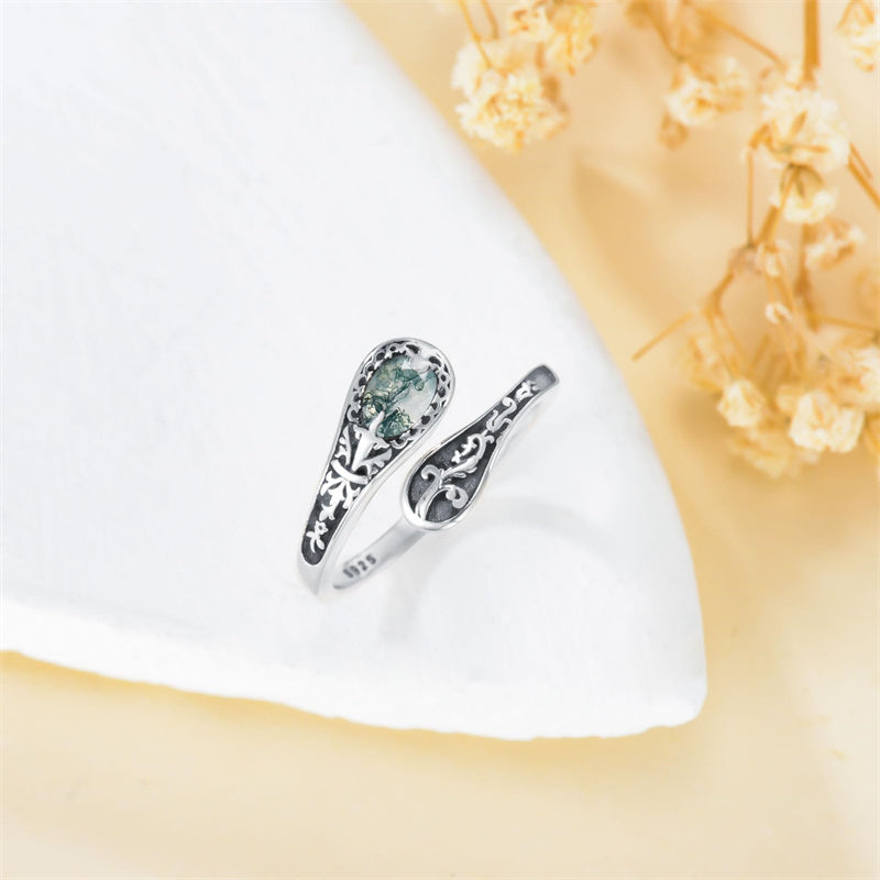 Moss Agate Spoon Ring for Women Wife Mother Sterling Silver Moss Agate Ring Oxidized Open Wrap Ring