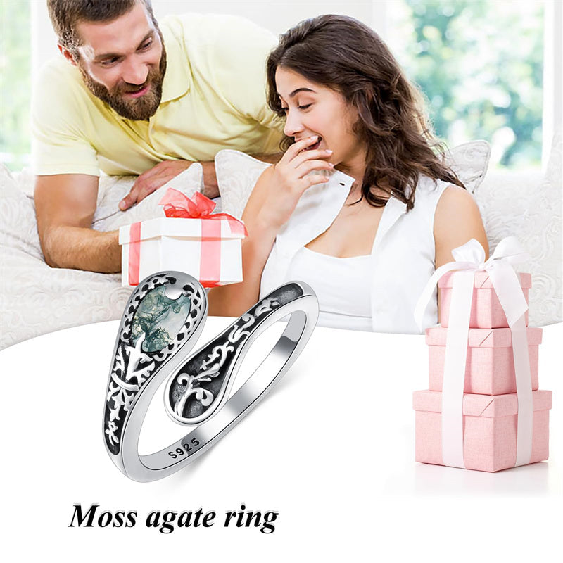 Moss Agate Spoon Ring for Women Wife Mother Sterling Silver Moss Agate Ring Oxidized Open Wrap Ring